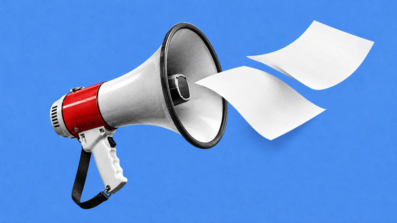 Un mégaphone et deux feuilles : une illustration symbolique des communiqués.