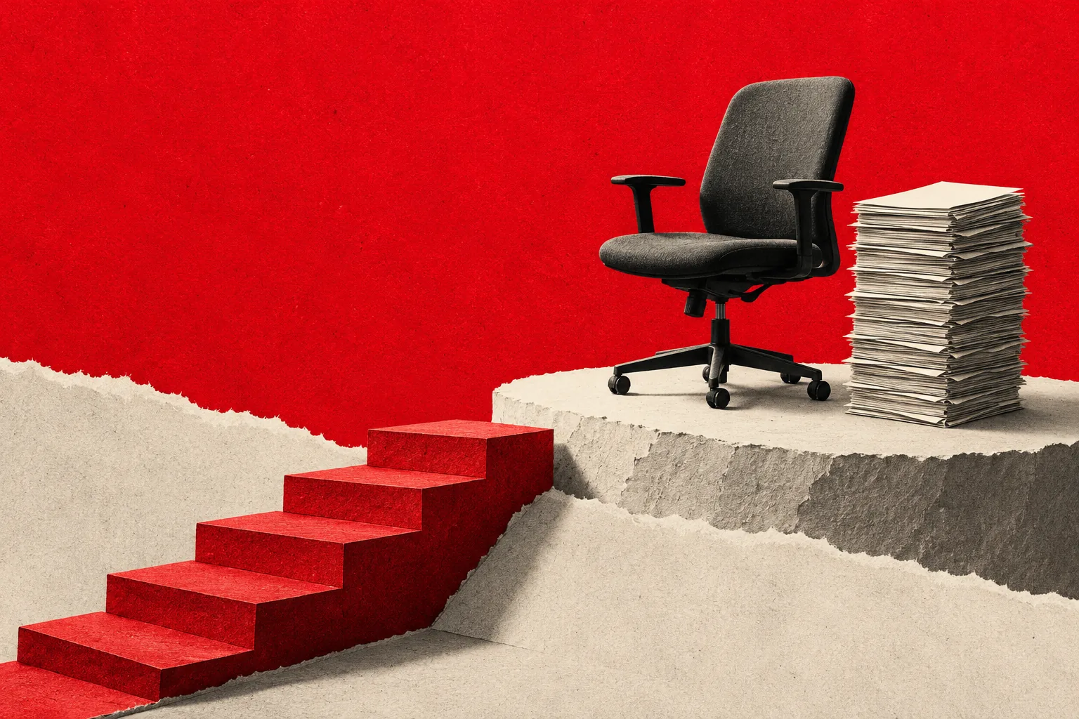 Un escalier interrompu devant une plateforme avec un fauteuil vide et des dossiers, illustration des difficultés d’accès à l’emploi.