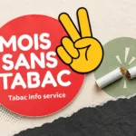 Le visuel Mois sans tabac et sa main jaune intégrés à un collage de papier avec une cigarette brisée.