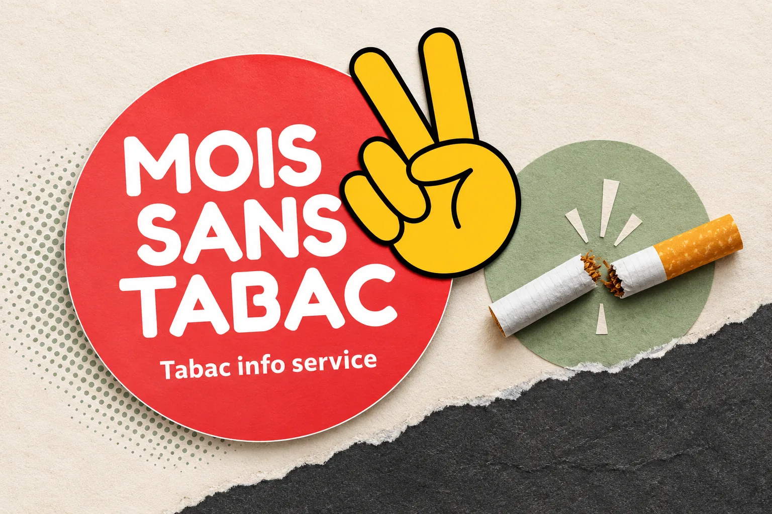 Le visuel Mois sans tabac et sa main jaune intégrés à un collage de papier avec une cigarette brisée.