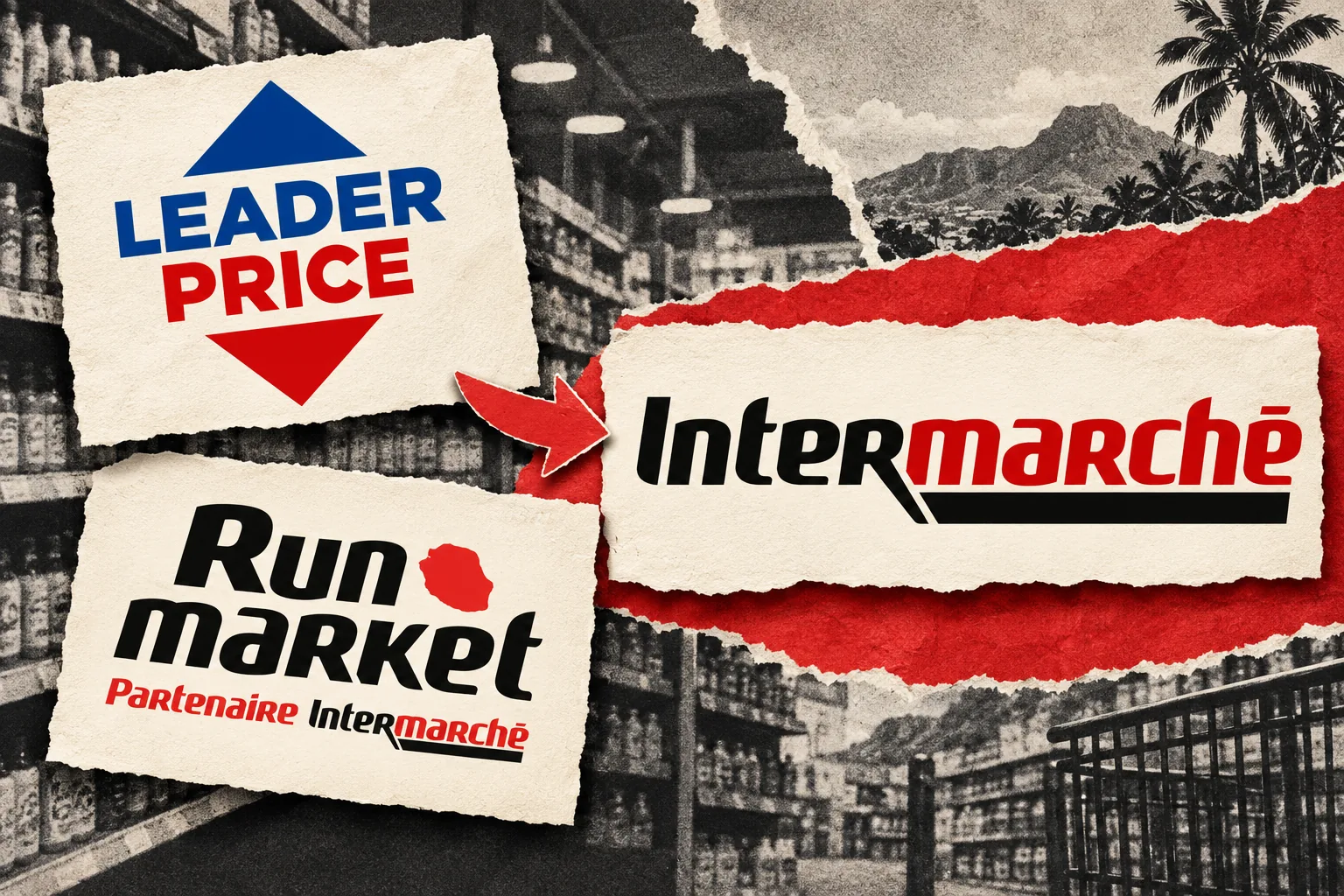 Les logos Leader Price et Run Market sur des papiers découpés, reliés par une flèche au logo Intermarché.