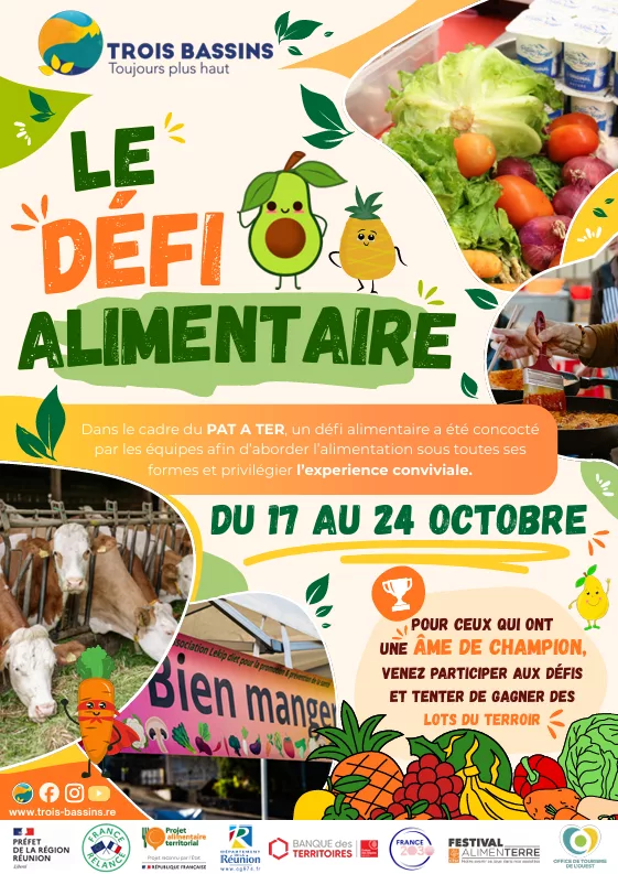 Affiche complète du Défi alimentaire de Trois-Bassins, du 17 au 24 octobre 2026, dans le cadre du PAT A TER.