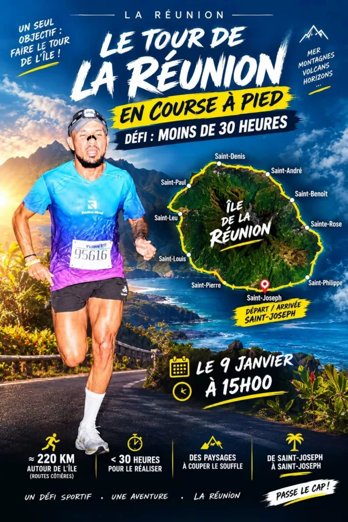 Affiche du tour de La Réunion à pied d’Yvann Etheve, 220 km le 9 janvier 2027. Horaire corrigé à 10 h dans l’article.
