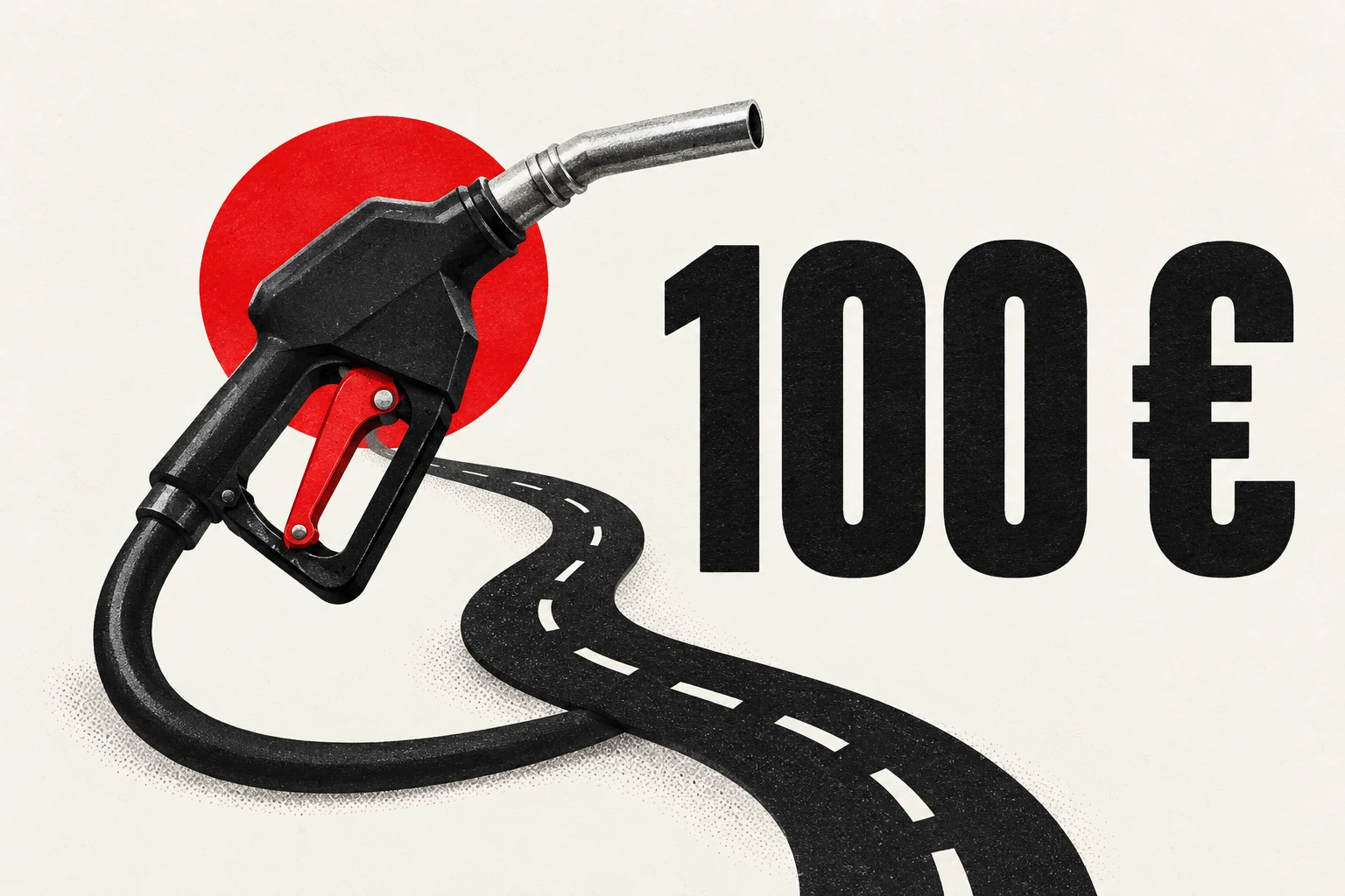 Illustration éditoriale d’un pistolet de carburant noir et rouge, d’un tuyau évoquant une route et du montant de 100 euros sur fond ivoire.
