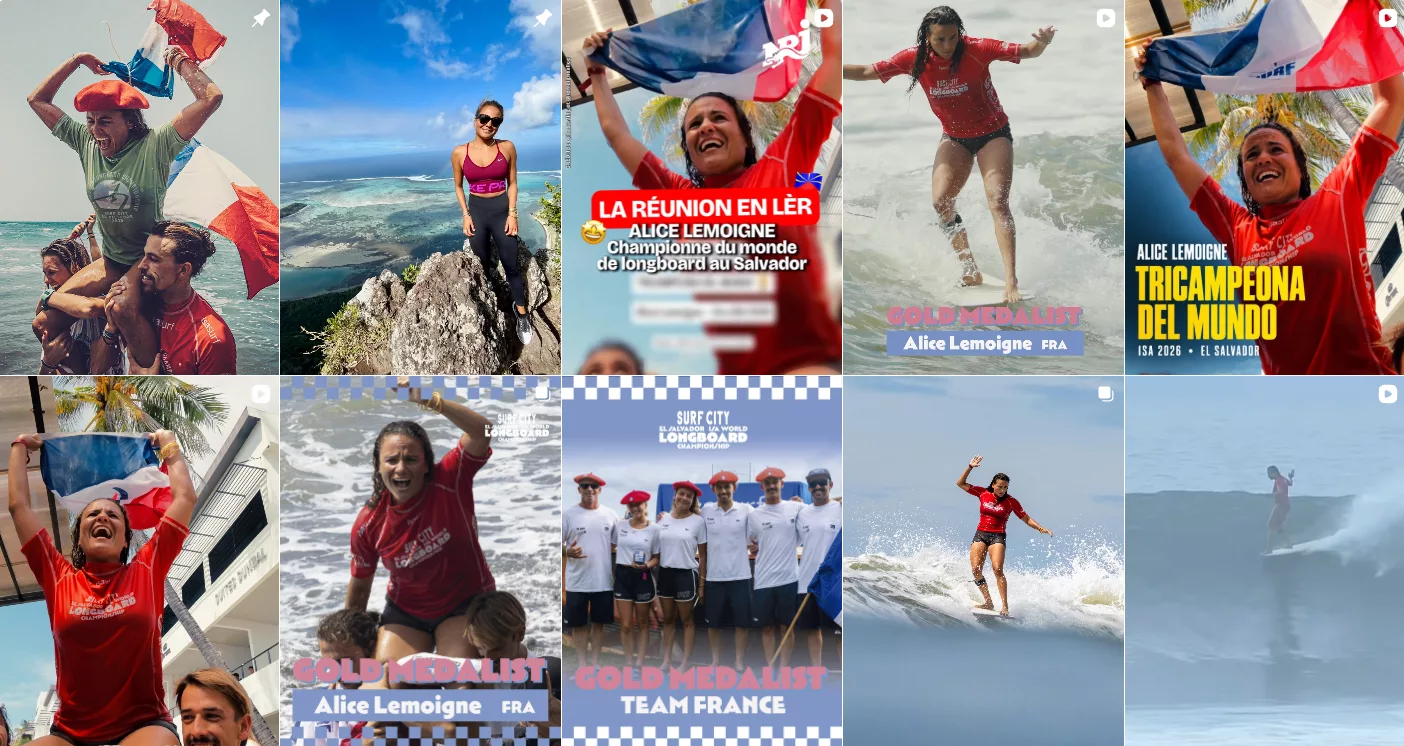 Capture du compte Instagram d’Alice Lemoigne montrant ses images de longboard et la célébration de son titre mondial ISA 2026 au Salvador.