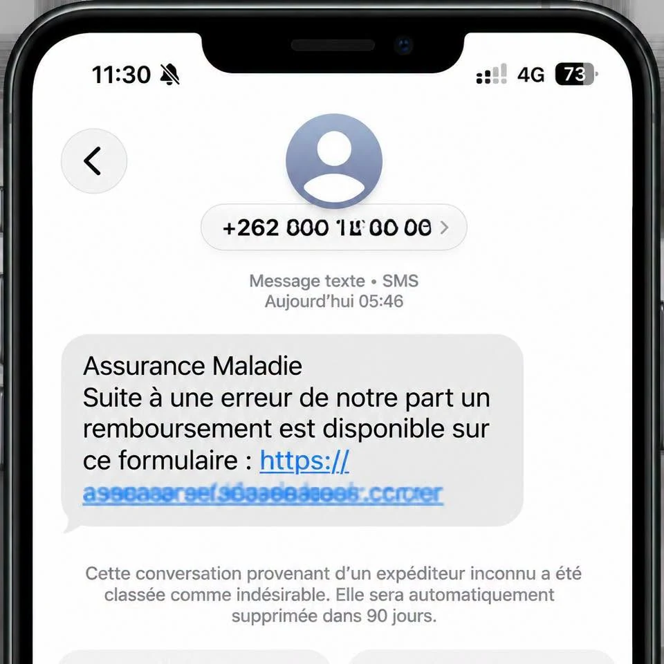 Exemple de SMS frauduleux annonçant un faux remboursement de l’Assurance Maladie, diffusé par la Gendarmerie de La Réunion.