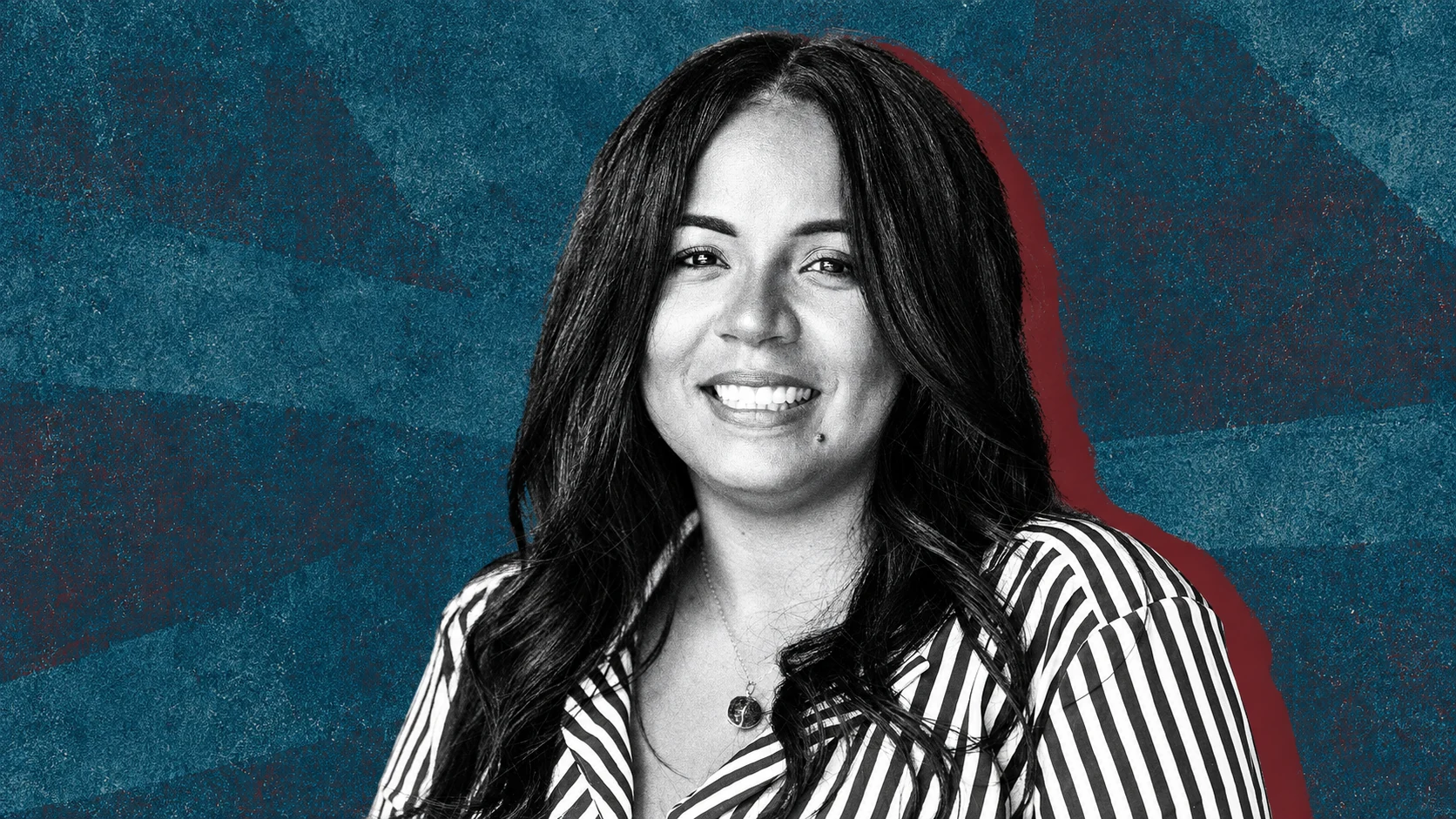 Portrait illustré d’Audrey Bélim, sénatrice de La Réunion, sur fond bleu pétrole.