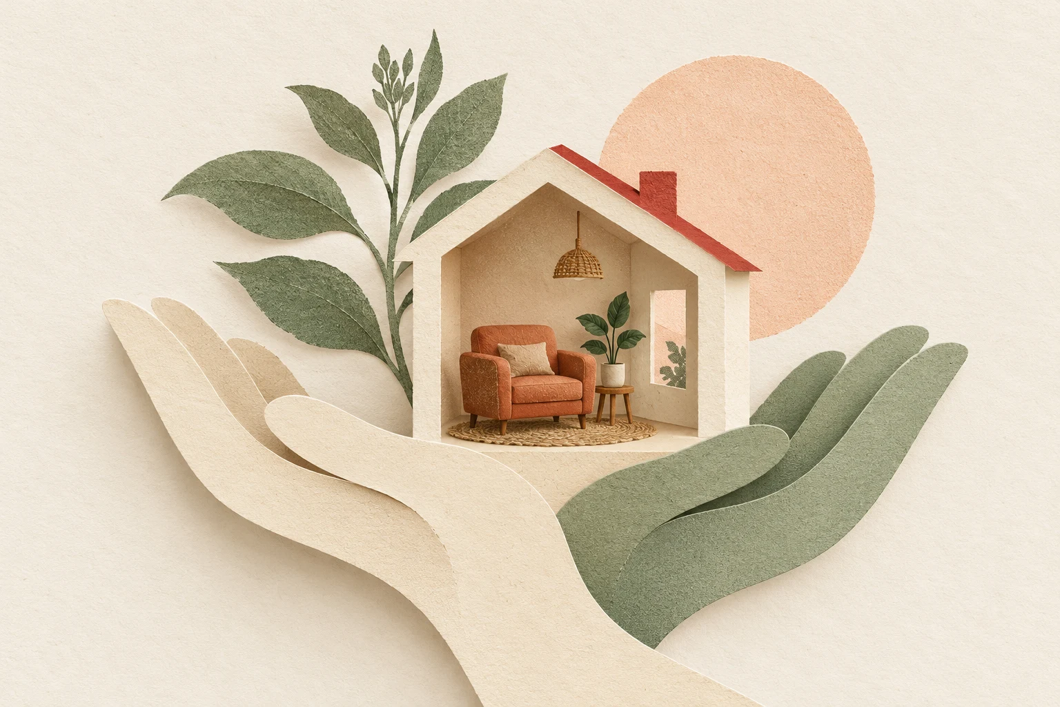 Une maison et un fauteuil soutenus par des mains en papier découpé, symboles de l’accompagnement pour vieillir chez soi.
