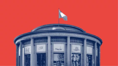Visuel du Palais d’Iéna à Paris, siège du Conseil économique, social et environnemental, sur fond rouge.