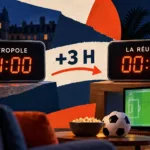 Illustration de deux horloges indiquant 21 h en métropole et minuit à La Réunion, avec la mention plus trois heures, un ballon et un écran de football.
