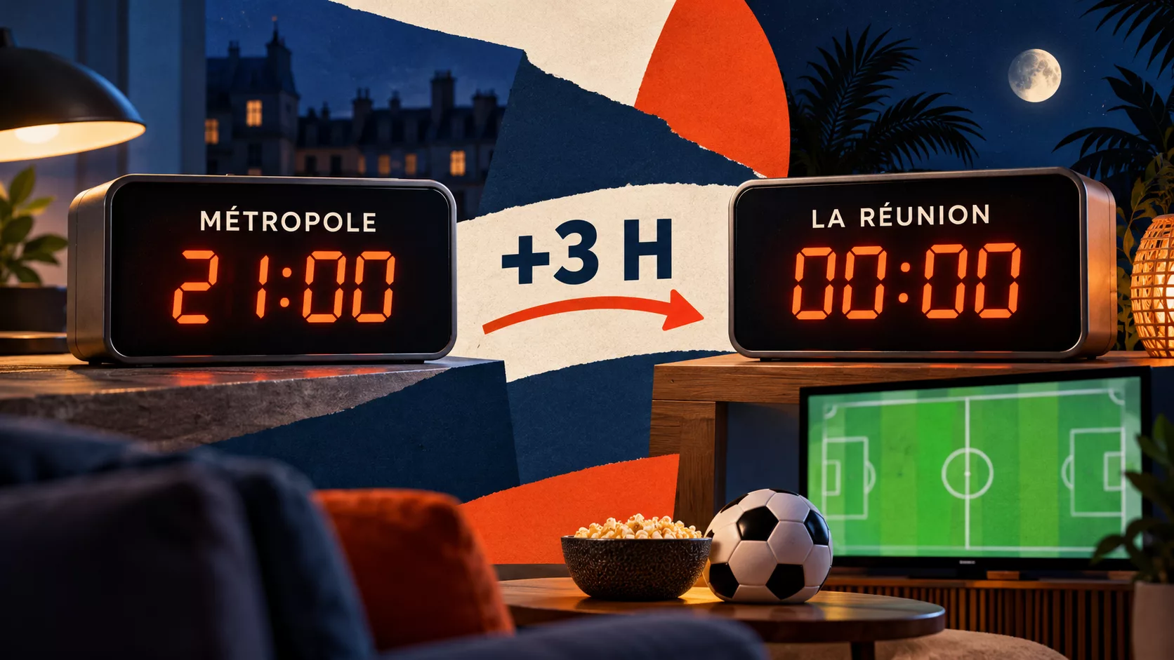 Illustration de deux horloges indiquant 21 h en métropole et minuit à La Réunion, avec la mention plus trois heures, un ballon et un écran de football.