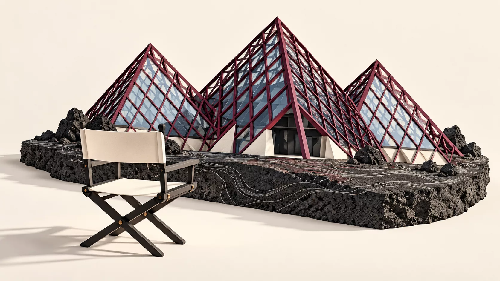 Illustration de la Cité du Volcan réinterprétée en maquette sur un socle de roche volcanique, avec un fauteuil vide symbolisant le poste de direction à pourvoir.