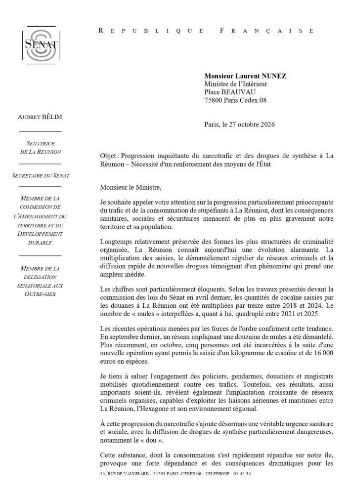Courrier d’Audrey Bélim à Laurent Nuñez sur le narcotrafic à La Réunion, 27 octobre 2026, page 1 sur 3.