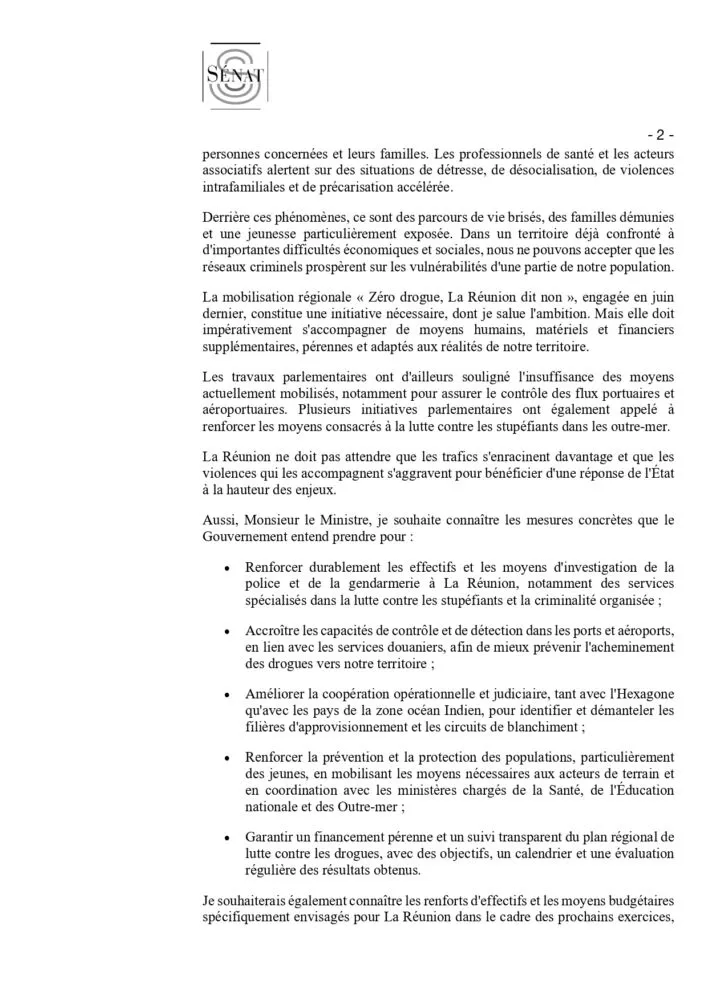 Courrier d’Audrey Bélim à Laurent Nuñez sur le narcotrafic à La Réunion, 27 octobre 2026, page 2 sur 3.