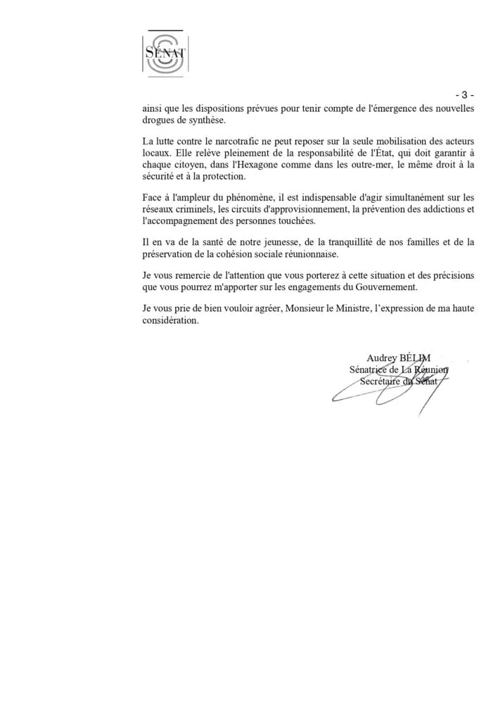 Courrier d’Audrey Bélim à Laurent Nuñez sur le narcotrafic à La Réunion, 27 octobre 2026, page 3 sur 3.