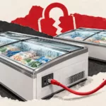 Collage de deux congélateurs de supermarché, d’un câble réseau rouge et d’un cadenas brisé symbolisant une cyberattaque contre la chaîne du froid.