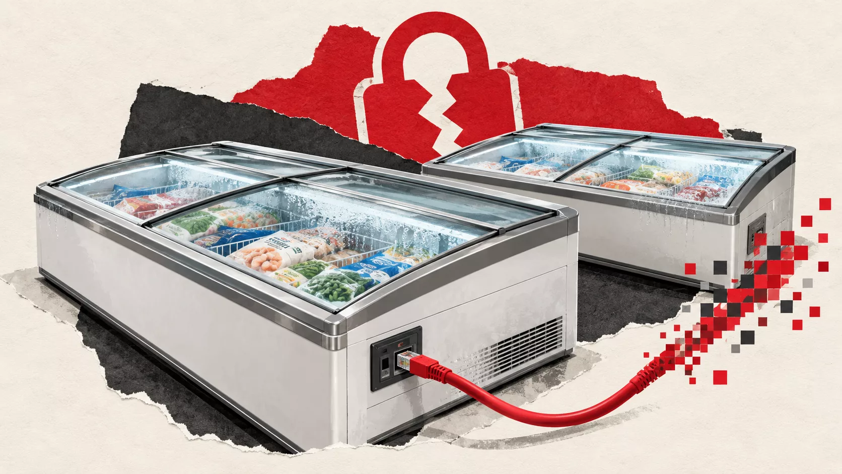 Collage de deux congélateurs de supermarché, d’un câble réseau rouge et d’un cadenas brisé symbolisant une cyberattaque contre la chaîne du froid.