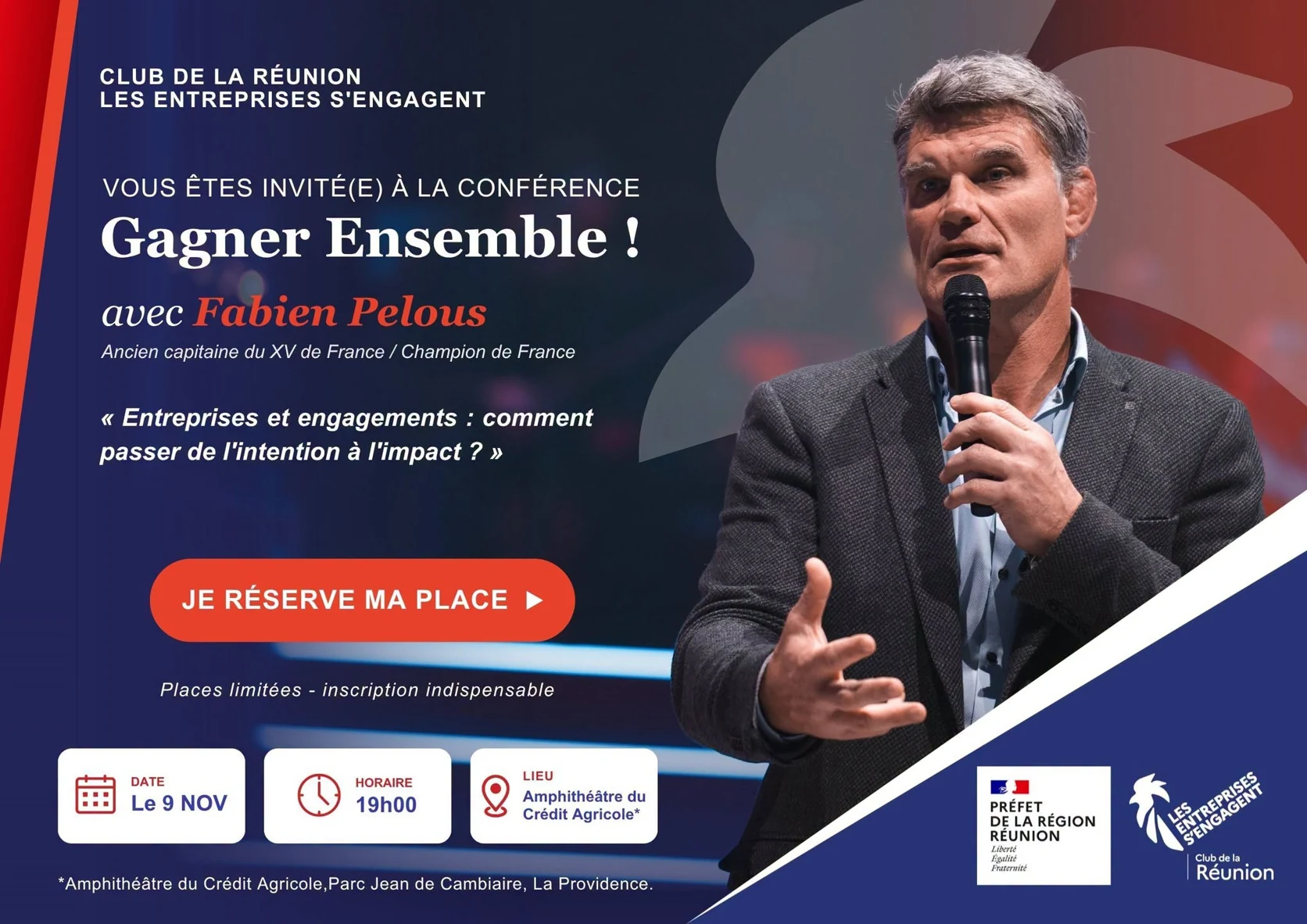 Affiche de la conférence Gagner ensemble avec Fabien Pelous, le 9 novembre 2026 à Saint-Denis, portée par Les entreprises s’engagent.
