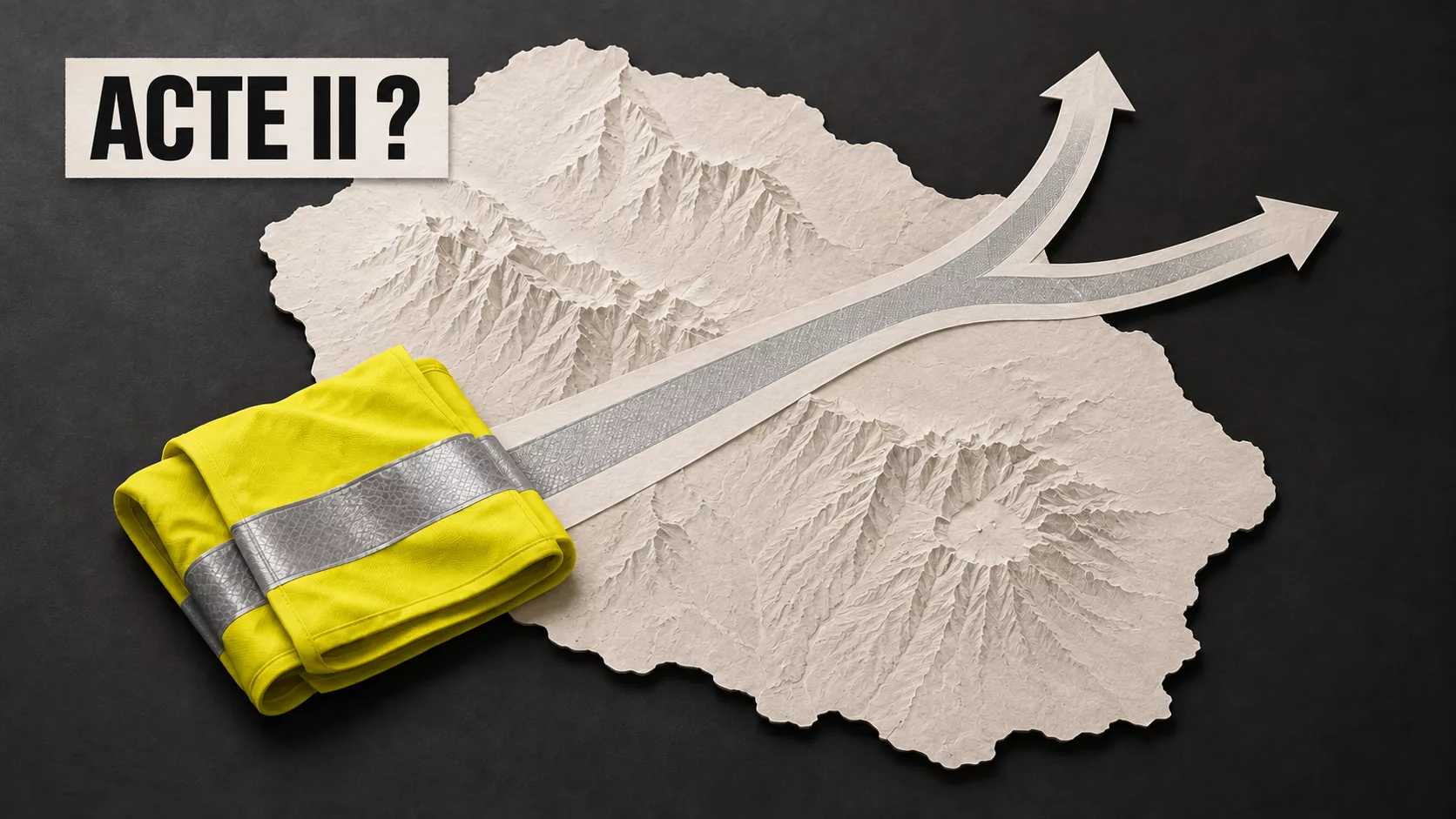 Sous le cartouche « ACTE II ? », un gilet jaune plié repose sur une silhouette de La Réunion en relief ; sa bande réfléchissante devient un chemin qui se divise en deux directions.