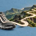 Le lacet d’une chaussure de trail devient un sentier à travers des remparts verdoyants ; une caméra évoque les reconnaissances filmées.
