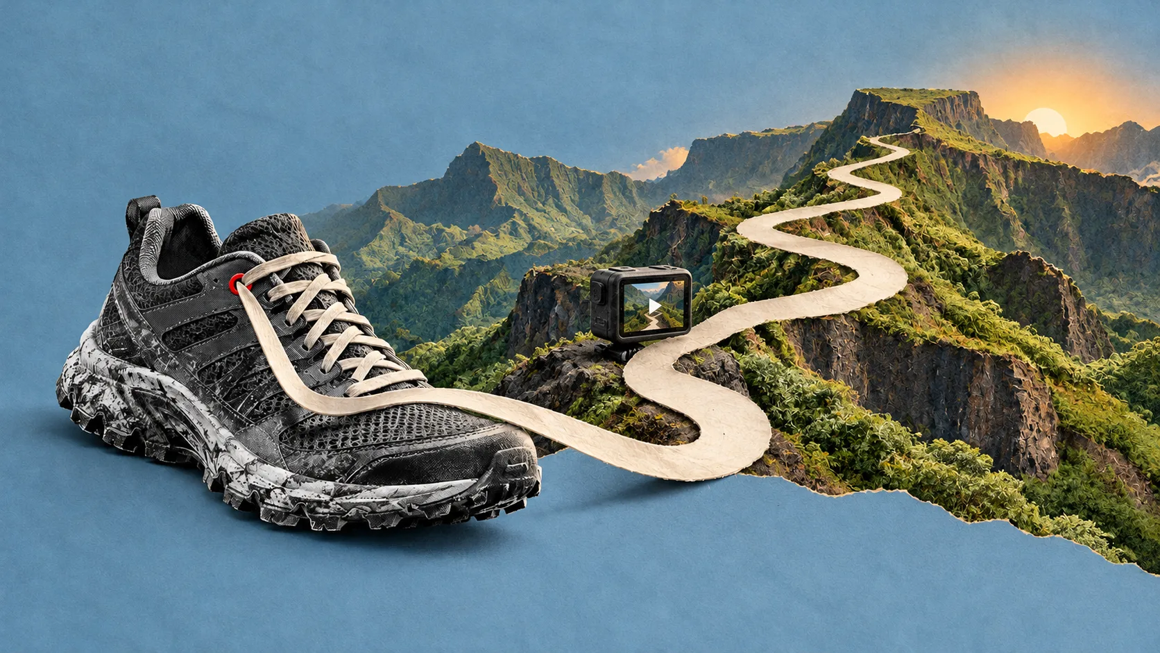 Le lacet d’une chaussure de trail devient un sentier à travers des remparts verdoyants ; une caméra évoque les reconnaissances filmées.