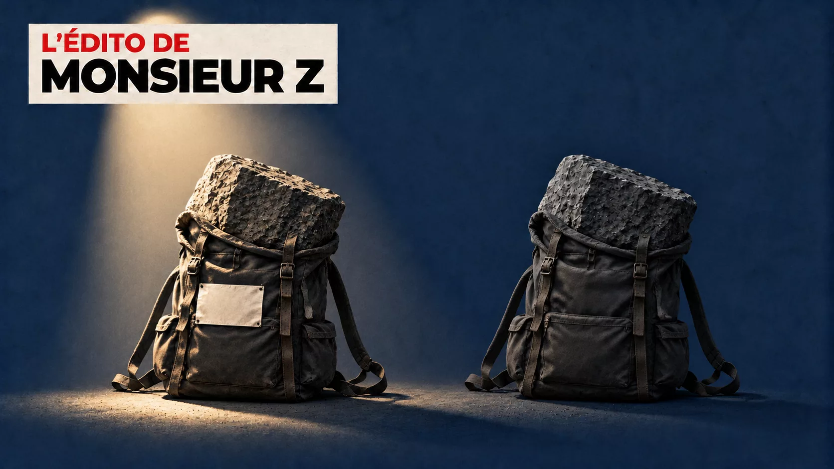 Deux sacs à dos chargés de pierres comparables : celui portant un dossard reçoit la lumière d’un projecteur, l’autre reste dans la pénombre. Illustration symbolique de l’édito de Monsieur Z, sans représentation humaine.