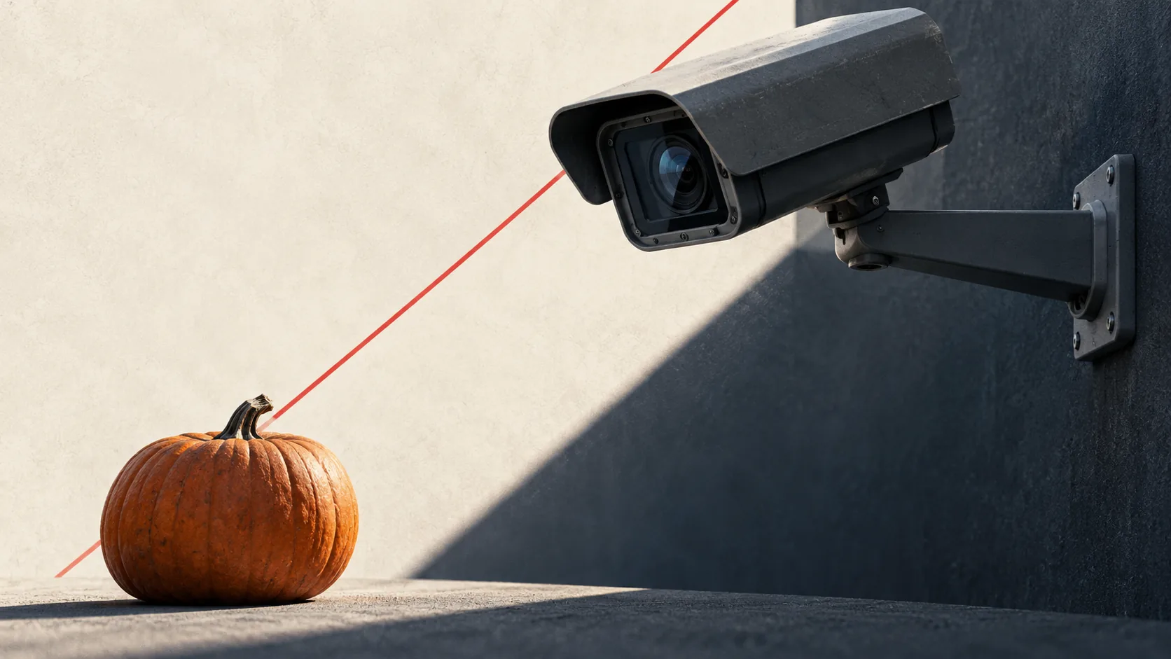 Illustration éditoriale associant une caméra de surveillance et une citrouille sur un fond ivoire et anthracite pour Halloween à La Réunion.