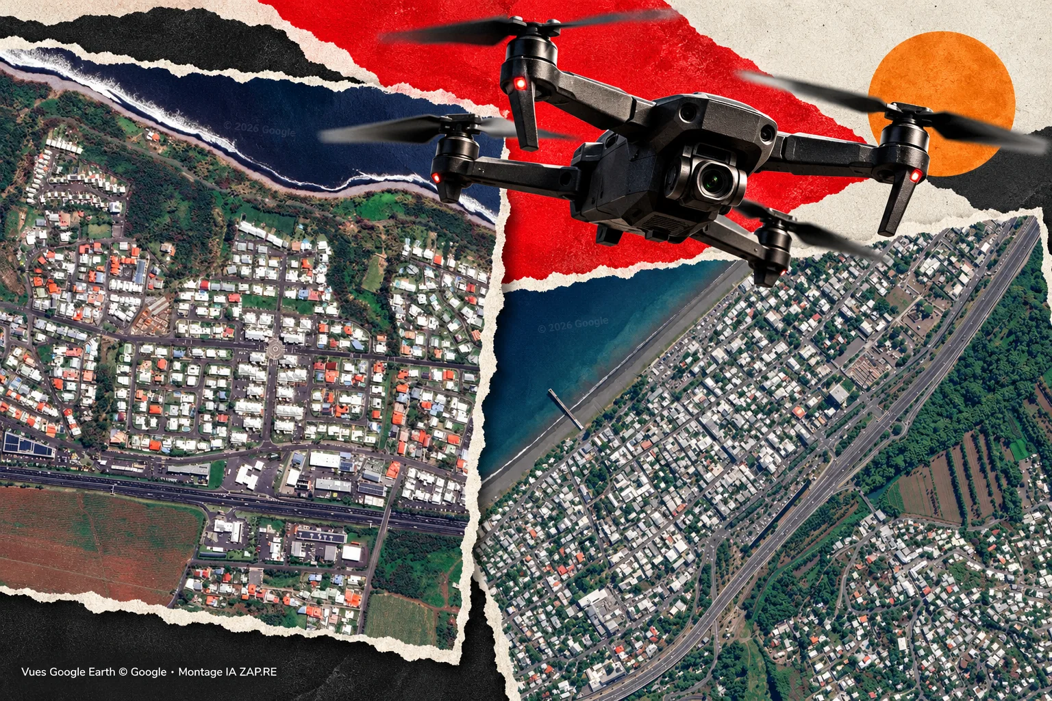 Collage éditorial de deux vues aériennes de quartiers de La Réunion, surmontées d’un drone illustrant la surveillance autorisée pour Halloween.