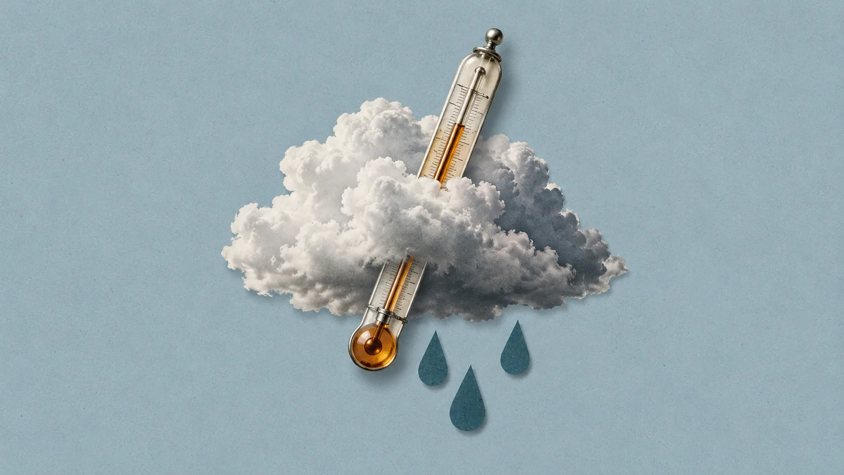 Collage sur fond bleu grisé : un nuage, un thermomètre à liquide ambré et trois gouttes de pluie.