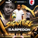 Visuel de Cosporma Sport Agency annonçant le partenariat de Loreliane Sarpedon avec Puma et son projet à l’OL Lyonnes.