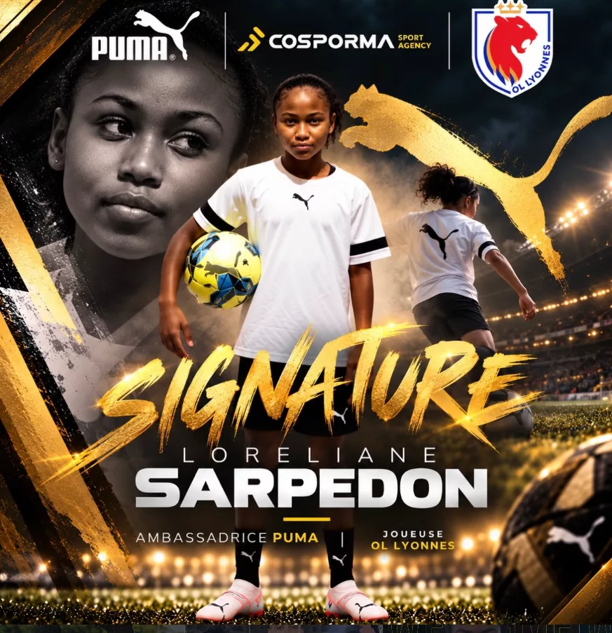 Visuel de Cosporma Sport Agency annonçant le partenariat de Loreliane Sarpedon avec Puma et son projet à l’OL Lyonnes.
