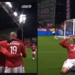 Deux captures de Ludovic Ajorque avec le Stade Brestois : de dos avec le numéro 19 et célébrant son but, images Ligue 1+.