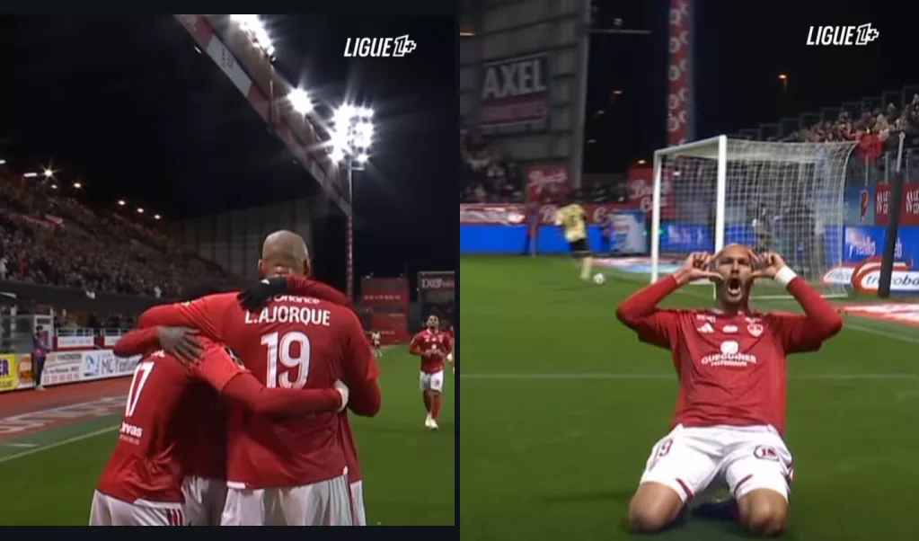 Deux captures de Ludovic Ajorque avec le Stade Brestois : de dos avec le numéro 19 et célébrant son but, images Ligue 1+.