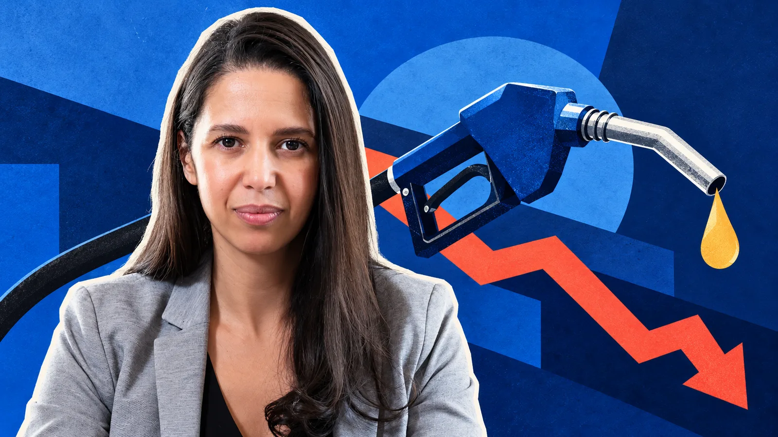 Illustration de Naïma Moutchou sur fond bleu, avec un pistolet de carburant et une flèche descendante symbolisant l’annonce d’une baisse du gazole.