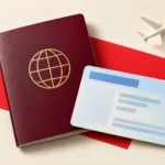 Passeport bordeaux et carte d’identité stylisés, avec un petit avion ivoire sur fond clair et un accent rouge.