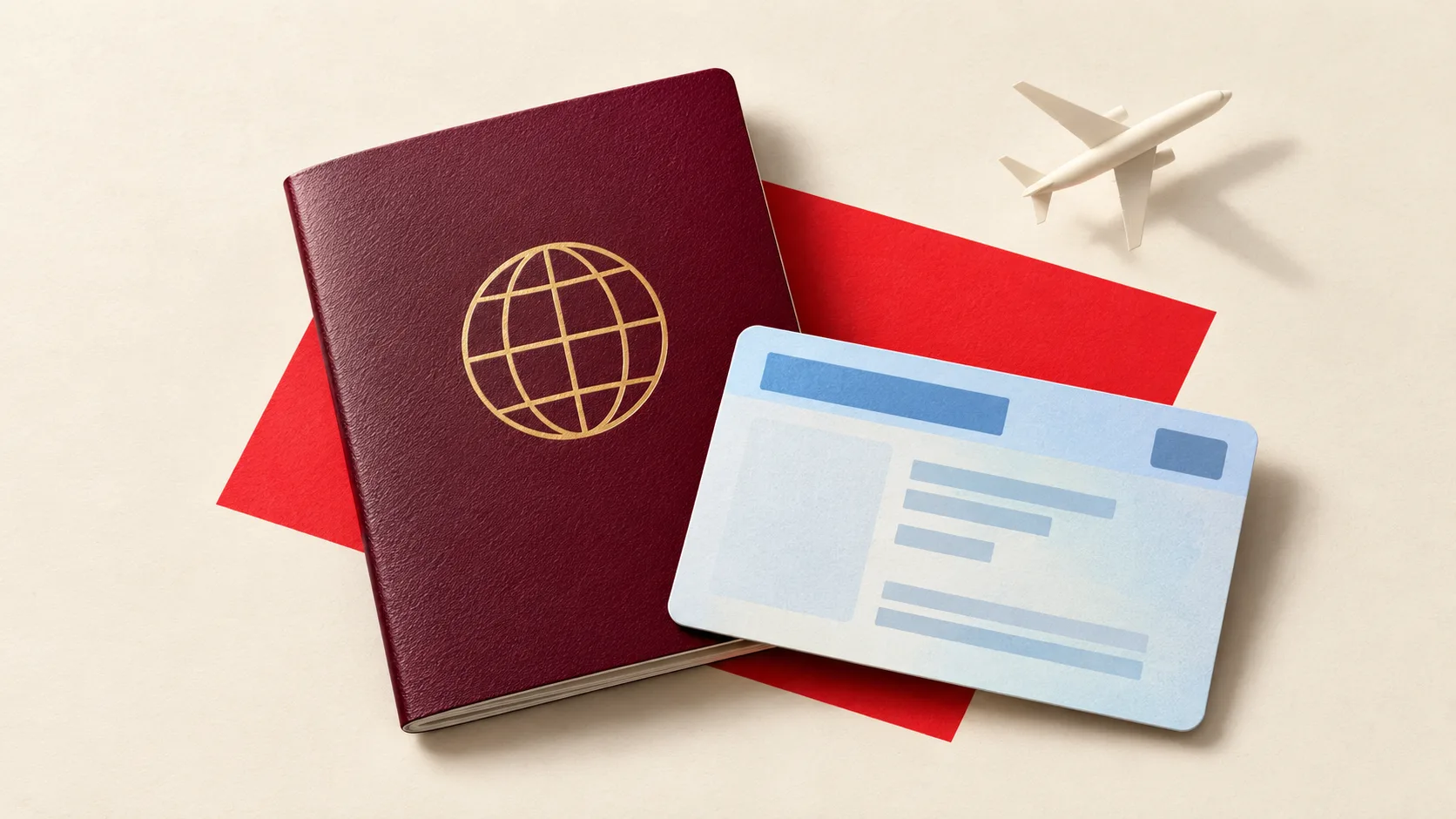 Passeport bordeaux et carte d’identité stylisés, avec un petit avion ivoire sur fond clair et un accent rouge.
