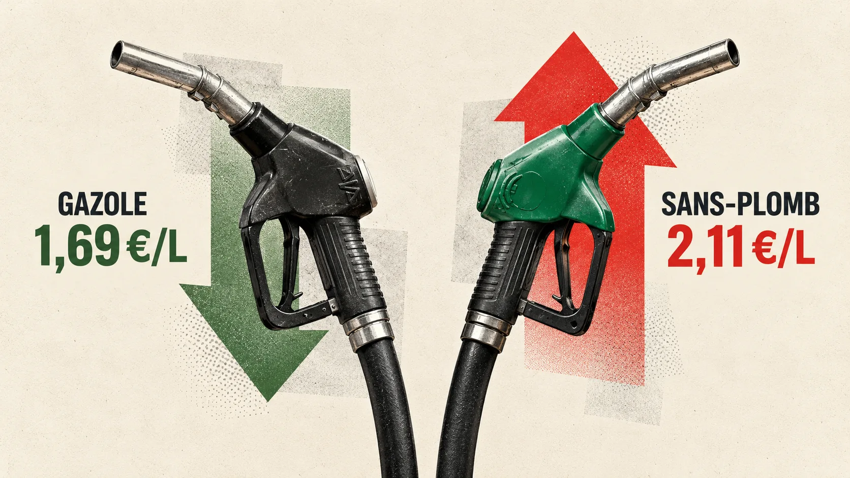 Deux pistolets de carburant sur fond ivoire : le gazole à 1,69 euro par litre avec une flèche descendante, le sans-plomb à 2,11 euros avec une flèche montante, tarifs de novembre 2026 à La Réunion.