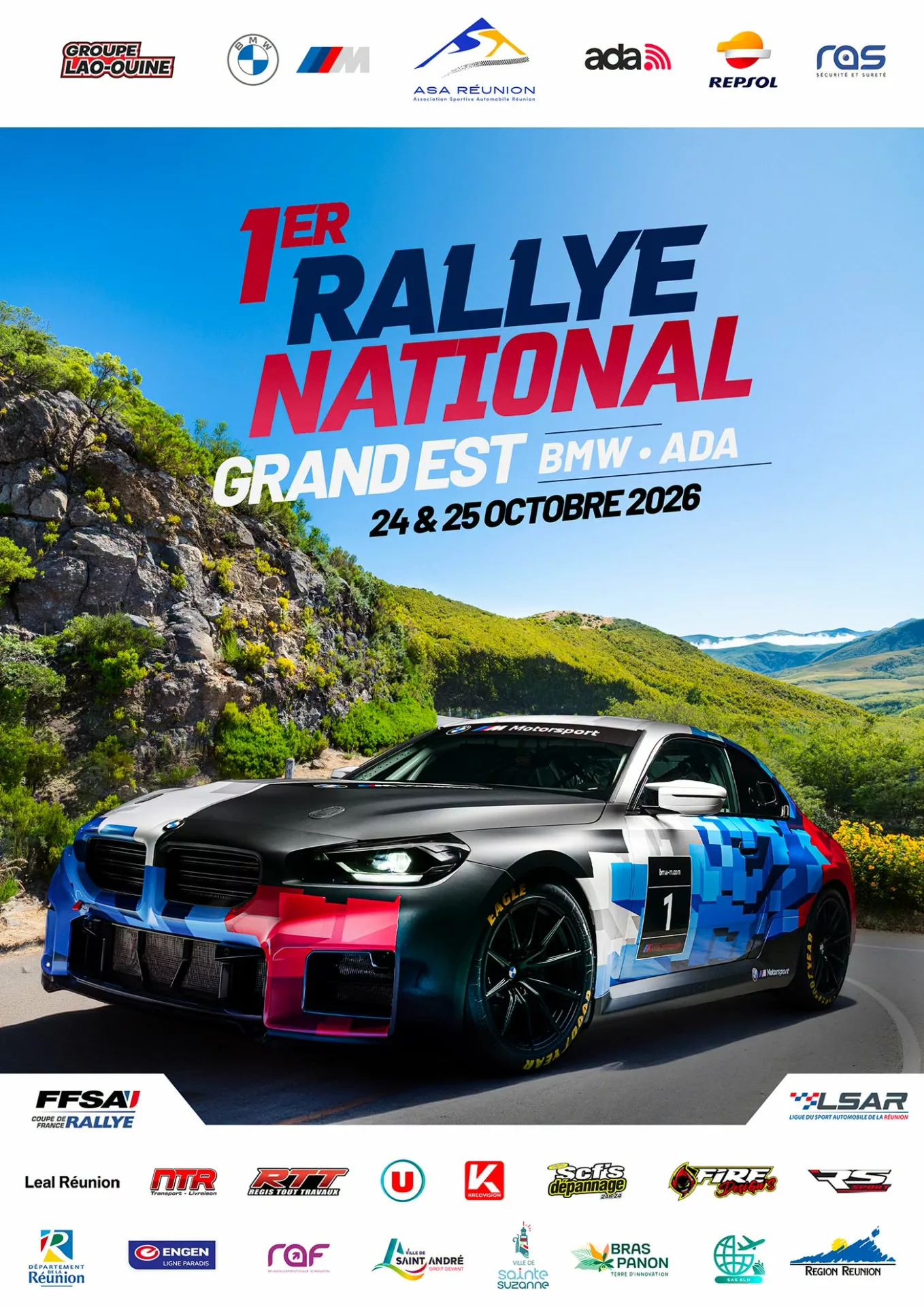 Affiche du premier Rallye National Grand Est BMW–ADA, les 24 et 25 octobre 2026 à La Réunion, avec une voiture BMW sur une route de montagne.