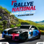 Affiche du premier Rallye National Grand Est BMW–ADA, les 24 et 25 octobre 2026 à La Réunion, avec une voiture BMW sur une route de montagne.