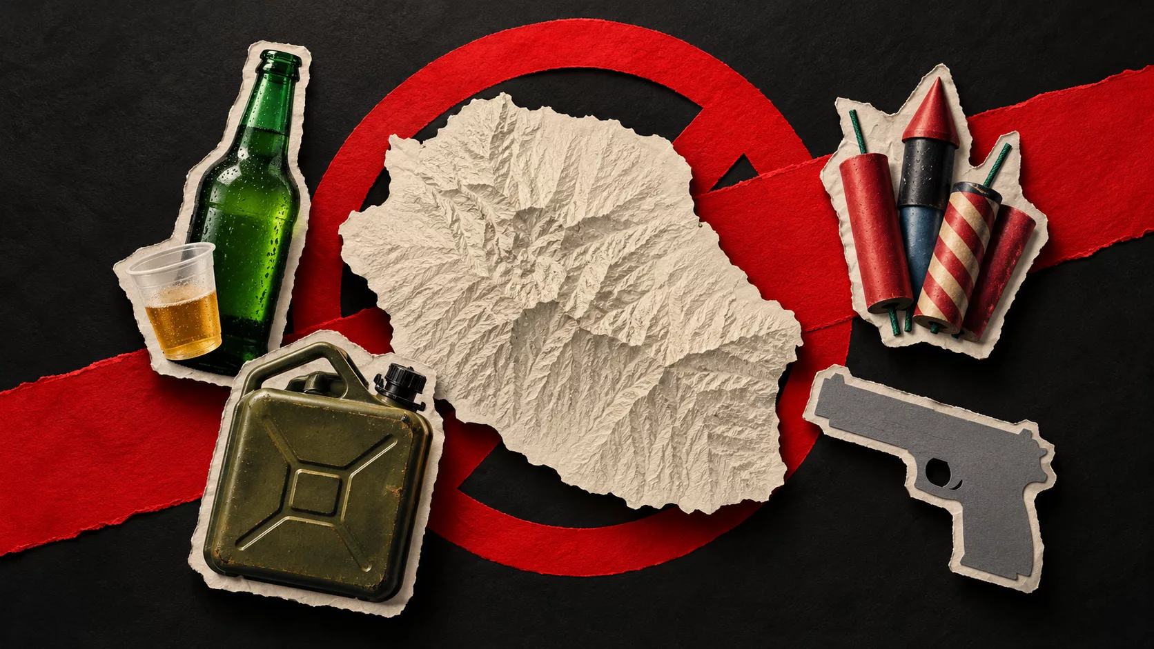 Collage montrant la silhouette de La Réunion, une bouteille et un gobelet, un bidon, des artifices et une silhouette d’arme sur fond noir et rouge.