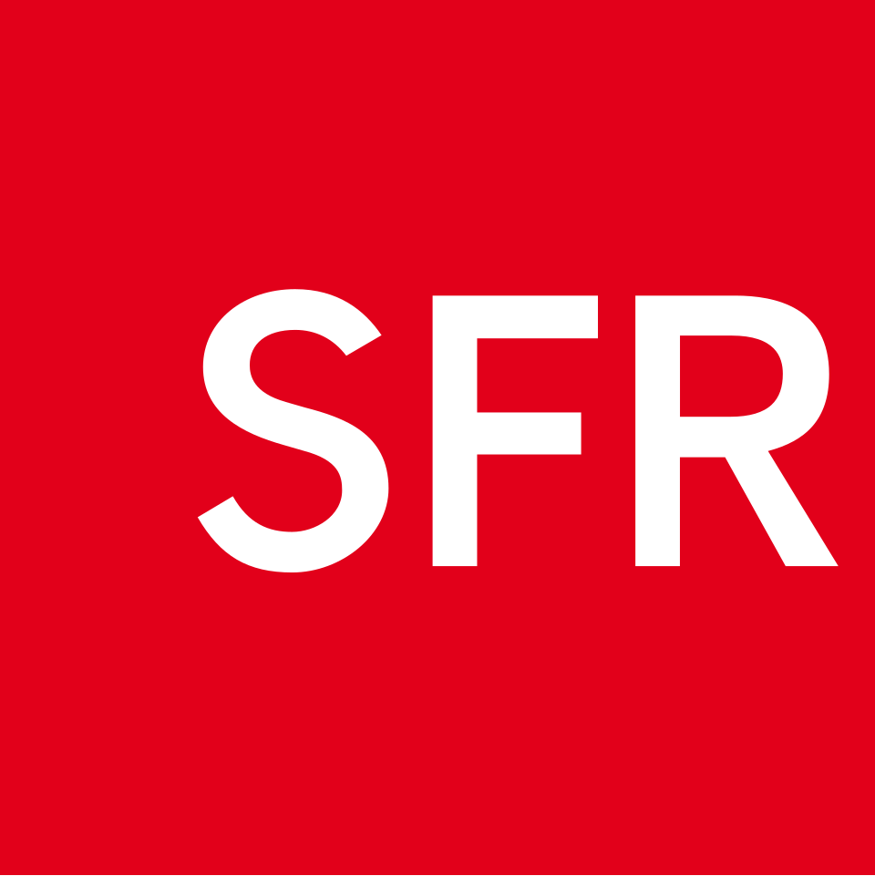Logo SFR en lettres blanches sur fond rouge.