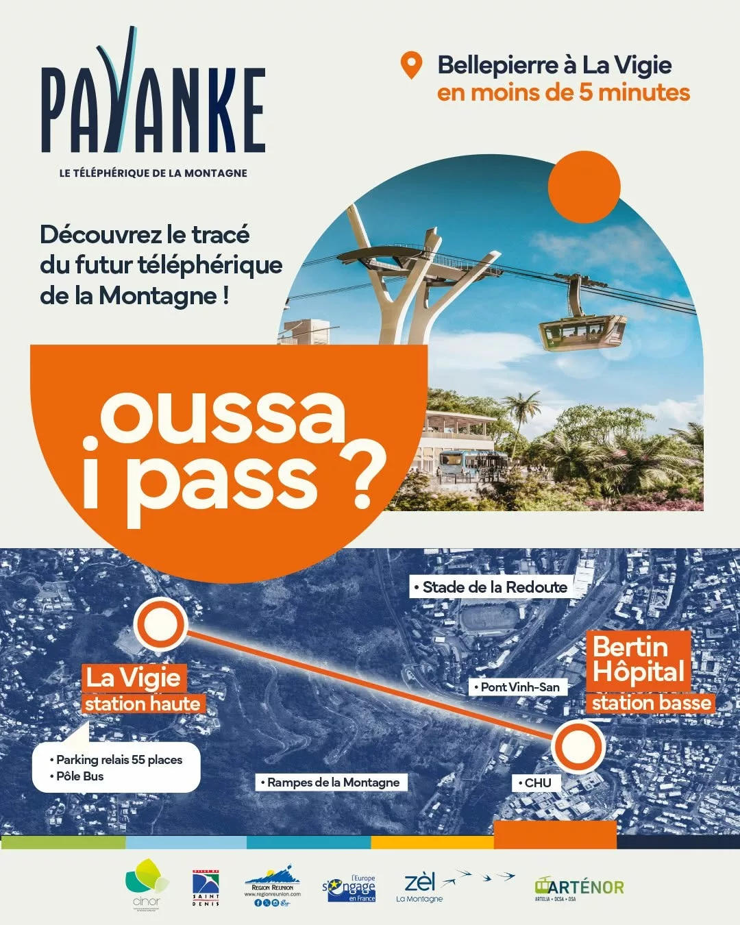 Visuel CINOR du projet de téléphérique PAYANKE à Saint-Denis, avec le tracé entre Bellepierre Bertin–Hôpital, près du CHU, et La Vigie à La Montagne.
