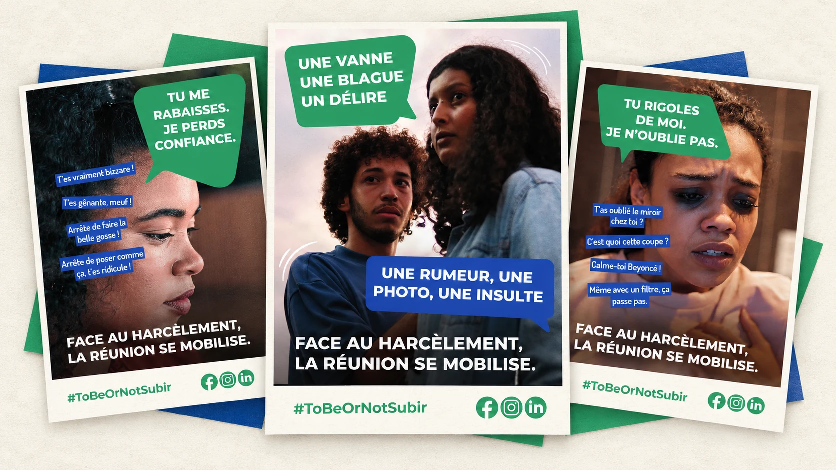 Montage des affiches de To Be or Not Subir pour sa campagne contre le harcèlement à La Réunion.