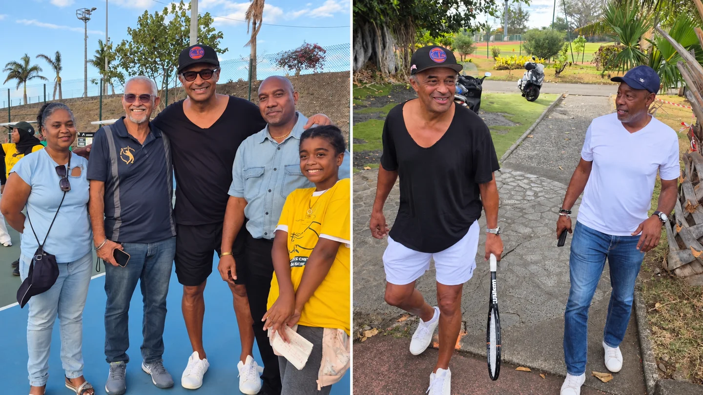 Montage de deux rencontres de Yannick Noah à La Réunion : à Primat avec un groupe de participants, puis à Saint-Pierre avec Jackson Richardson.