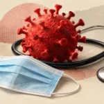 Illustration de la surveillance sanitaire : un stéthoscope, un masque bleu et une représentation symbolique de virus sur fond ivoire.