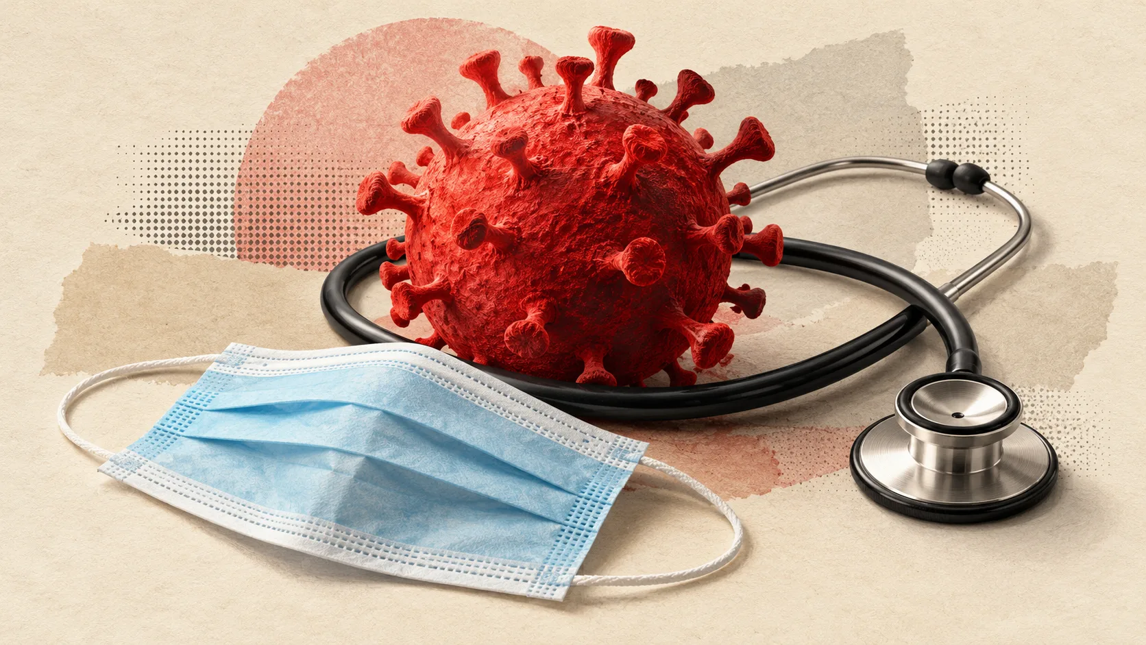Illustration de la surveillance sanitaire : un stéthoscope, un masque bleu et une représentation symbolique de virus sur fond ivoire.